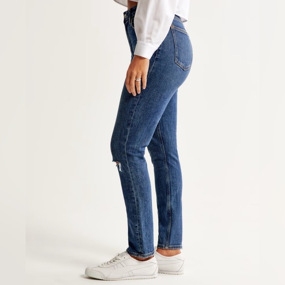 NWT Abercrombie & Fitch Solid Blue Denim Distressed Curvy Skinny High Rise Jeans - Picture 3 of 14